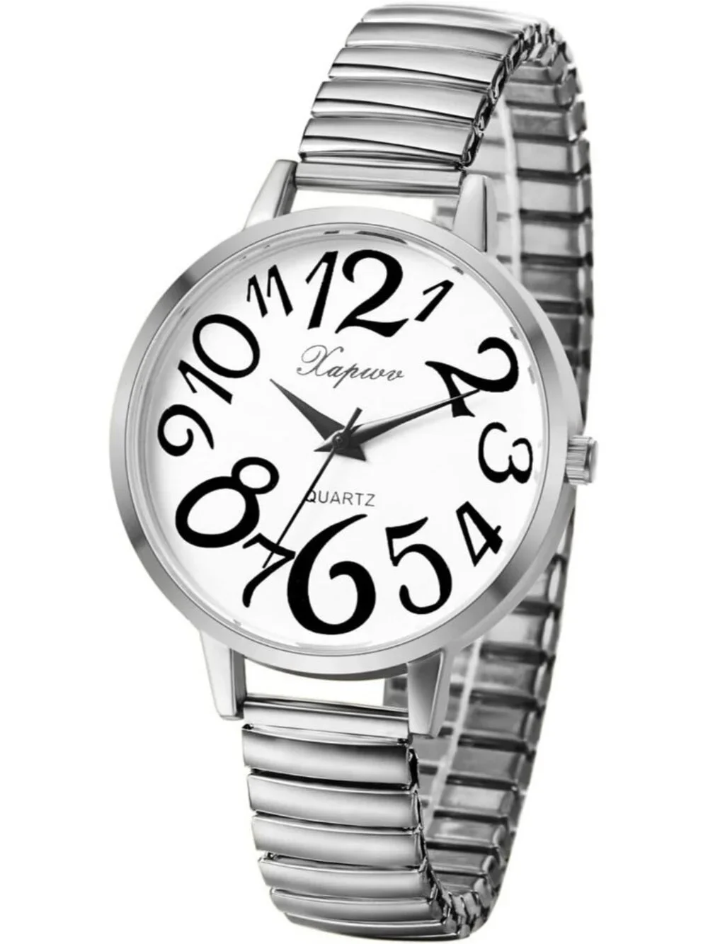 Women's Silver Analog Quartz Big Numbers Easy Reader Stretch Band Wrist Watch